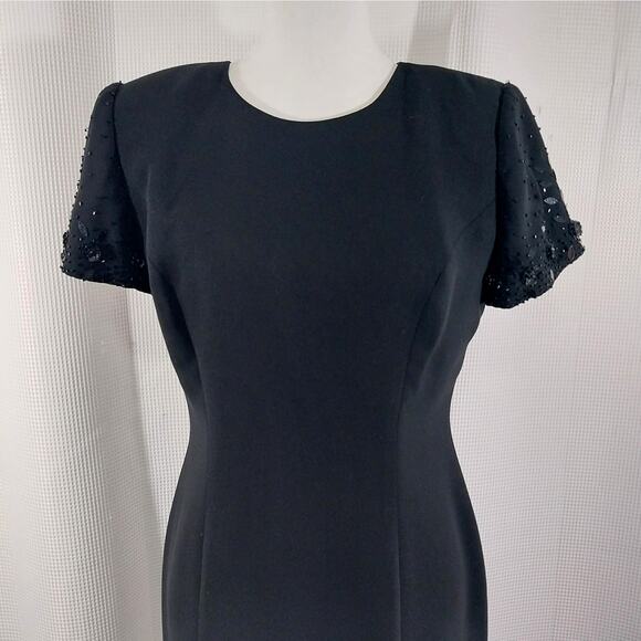 DONNA MORGAN! ELEGANT BLACK SHESTH DRESS, BEADED/JEWELED SLEEVES! SZ 8 - Picture 3 of 10